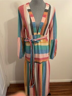 Billabong x S Jules On the Horizon Multi Stripe Maxi Dress Rainbow Boho V-Neck